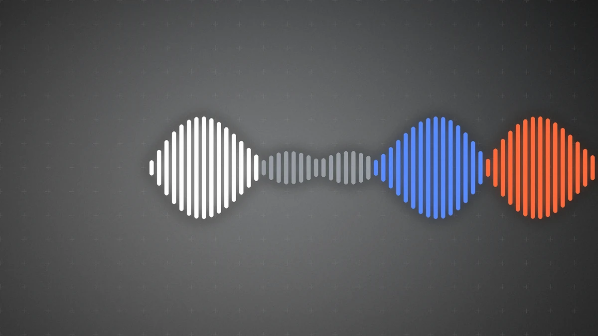 Grok Voice 3.0: גלי קול בלבן, אפור, כחול וכתום על רקע כהה, שמסמלים שיחה קולית בין אדם לסוכן