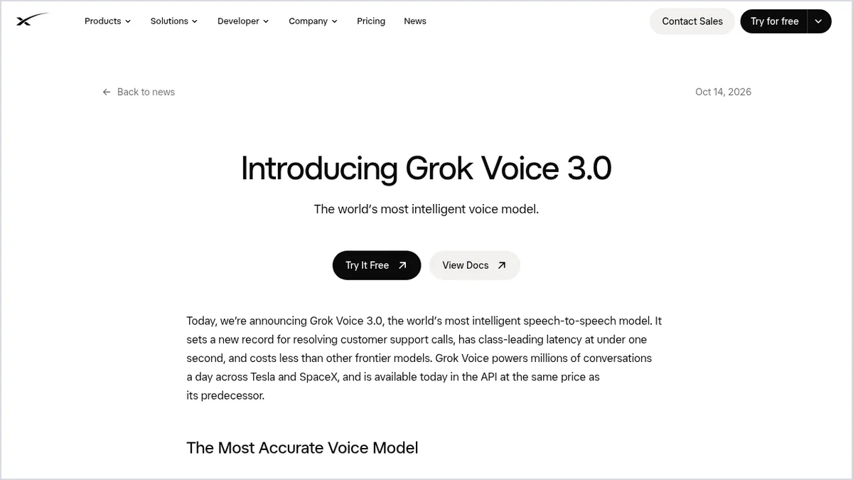 Screenshot of the official Introducing Grok Voice 3.0 announcement page on x.ai, October 14, 2026