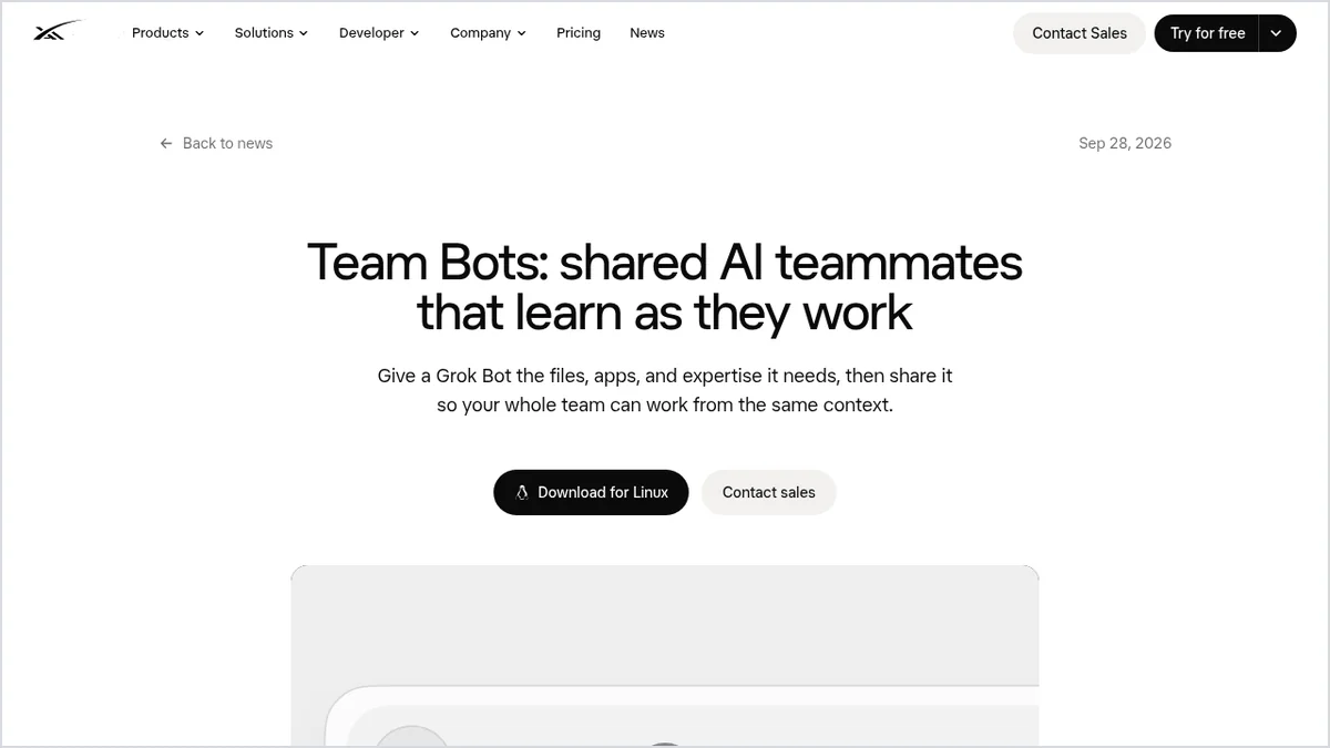 Screenshot of the Team Bots announcement on xAI's official news site