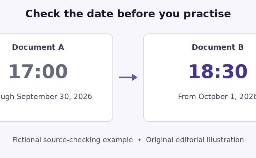 Fictional example showing the return cutoff changing from 17:00 to 18:30 effective October 1, 2026.