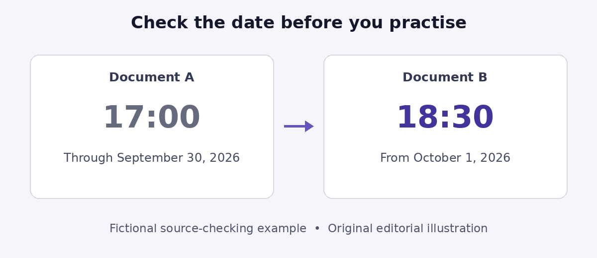 Fictional example showing the return cutoff changing from 17:00 to 18:30 effective October 1, 2026.