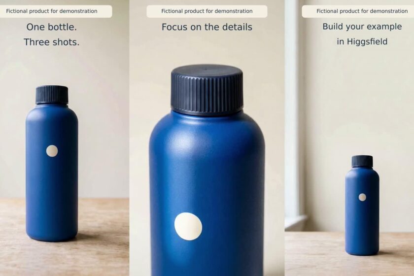 Three frames from the fictional product video with English titles: opening shot, cap detail and practice call to action.