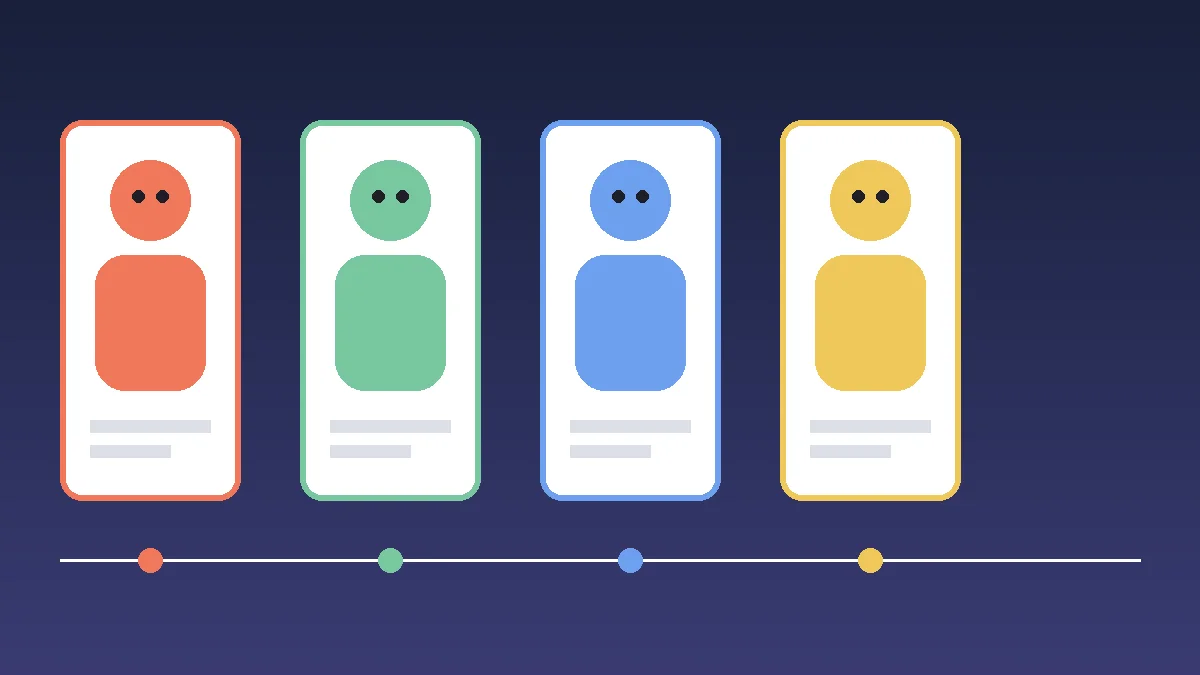 Scenario review: illustration of the same cartoon character on four cards in different colors on a dark blue background