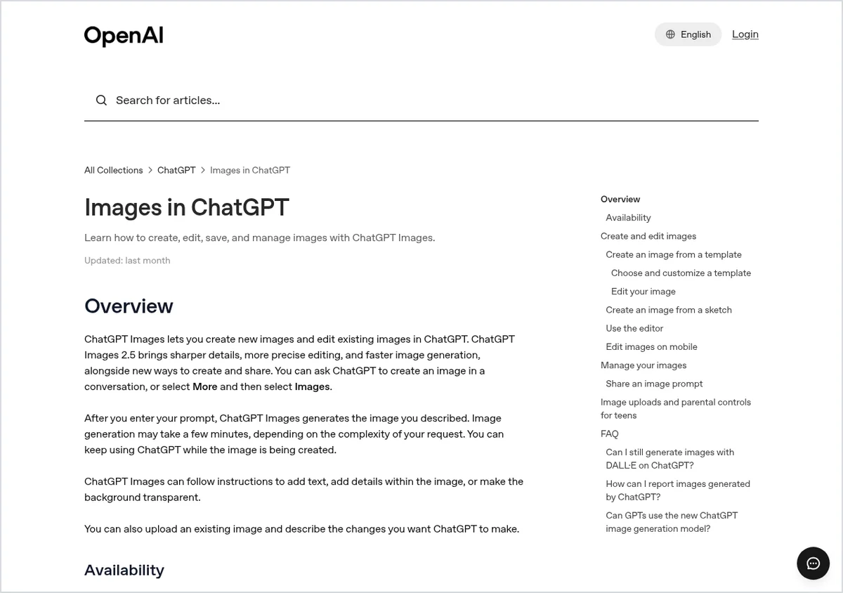 Screenshot of OpenAI's Images in ChatGPT help article mentioning ChatGPT Images 2.5