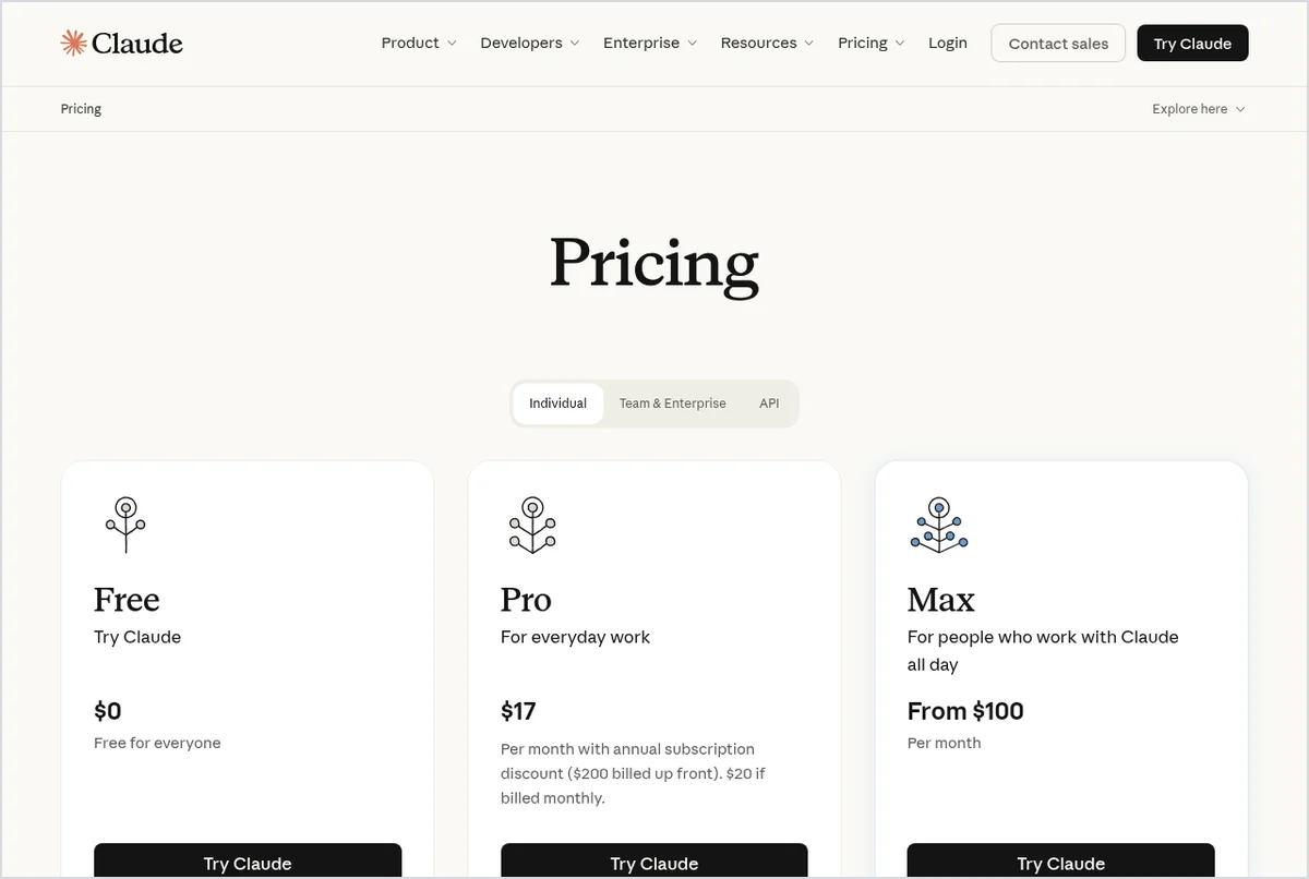 Screenshot of Claude's pricing page showing the Free, Pro and Max plan cards with prices in USD