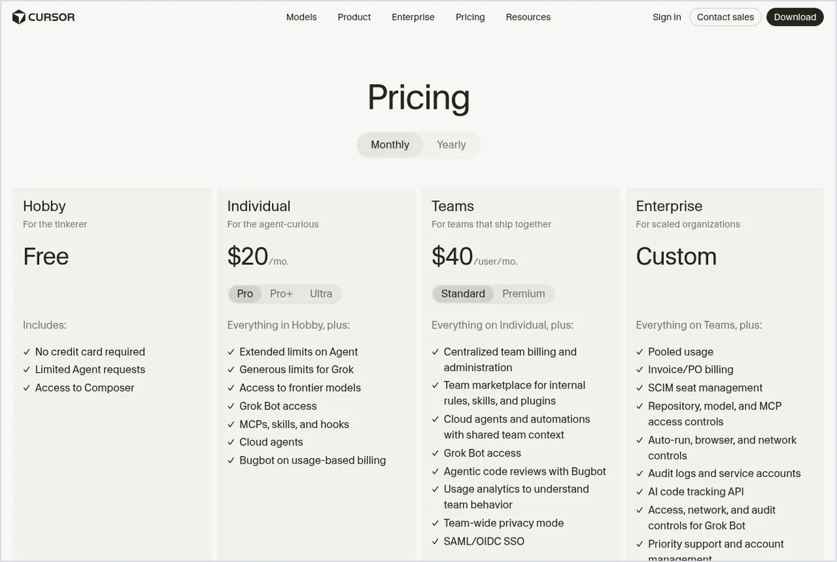 Screenshot of Cursor's pricing page showing the individual plans with monthly prices in USD