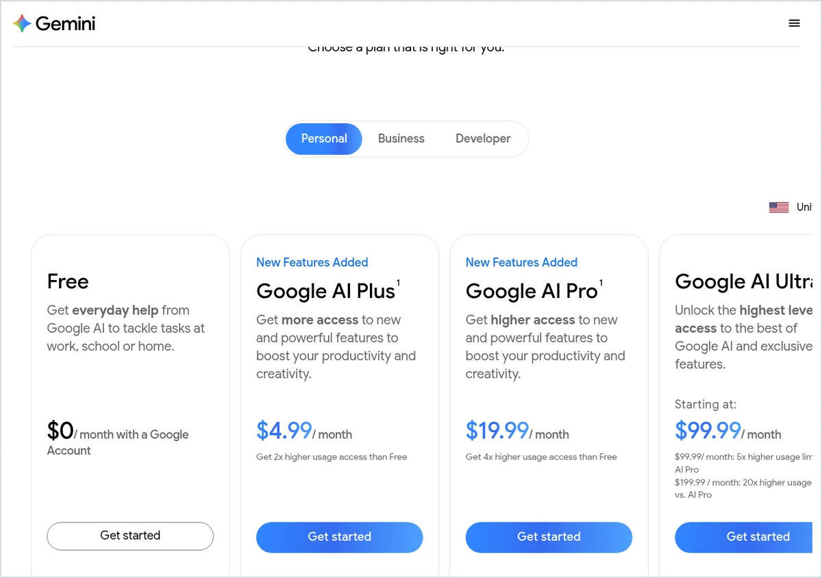 Screenshot of Google's Gemini subscriptions page for the US showing the Google AI plans and monthly prices