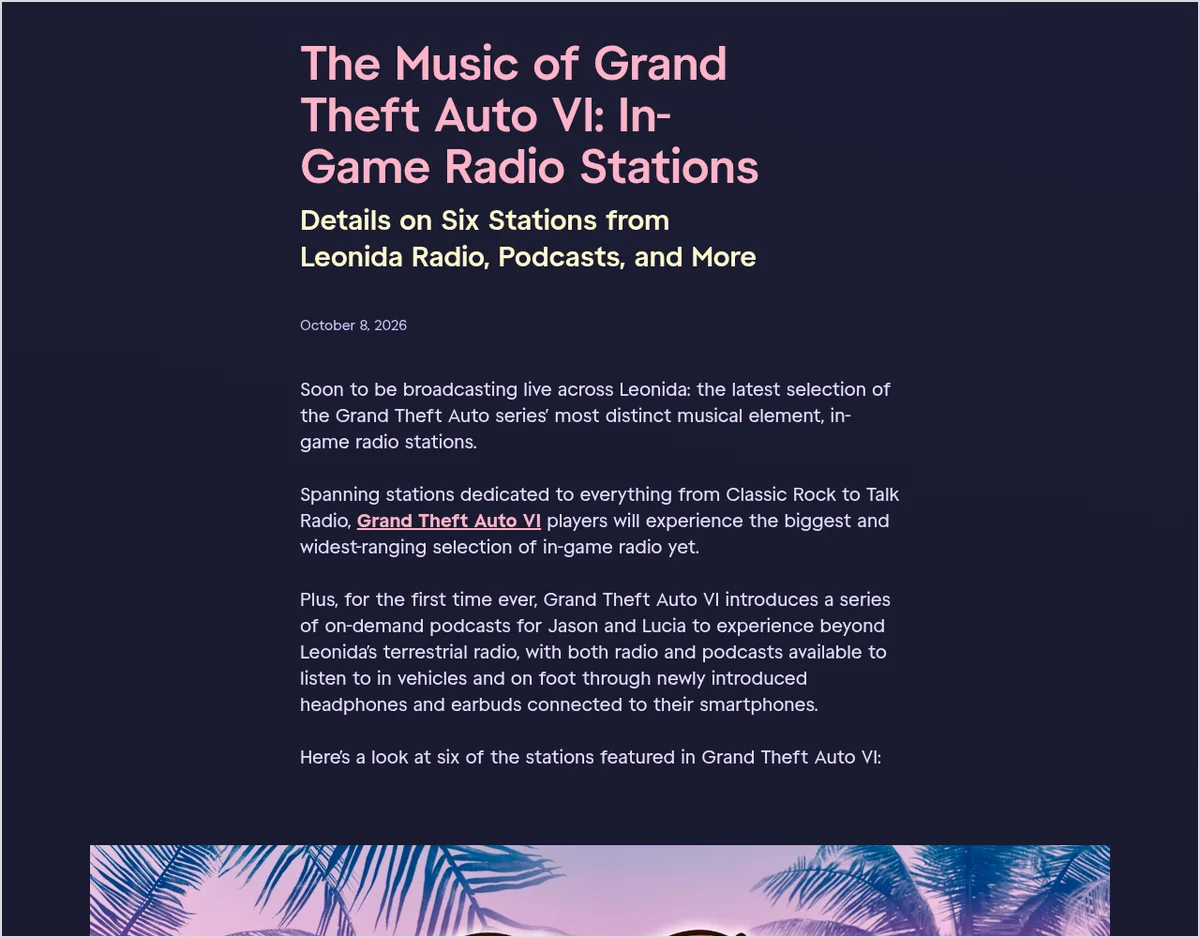 צילום מסך מפוסט Newswire של Rockstar על תחנות הרדיו של GTA 6, עם אזכור פודקאסטים והאזנה ברגל