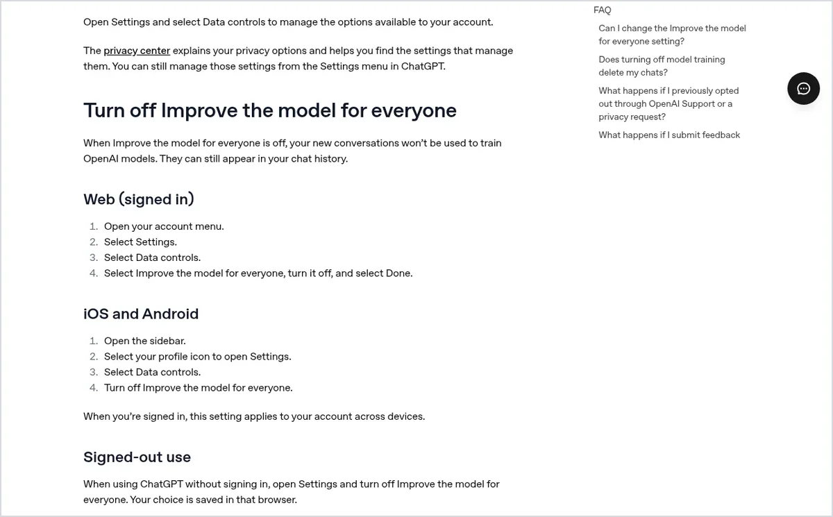 צילום מסך מדף העזרה הרשמי של OpenAI, Data controls in ChatGPT: ההוראות לכיבוי Improve the model for everyone בדפדפן, באייפון ובאנדרואיד ובלי התחברות