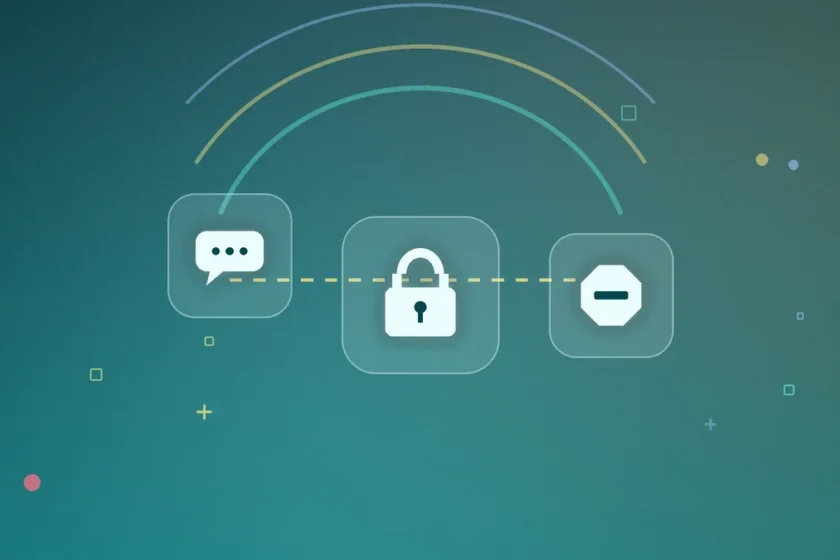 Illustration: a chat bubble tile, a padlock in the center, and a stop sign, linked by a dashed line on a teal background