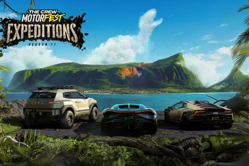 Three cars overlooking a tropical bay and cliffs in official key art for The Crew Motorfest: Expeditions, Season 11.