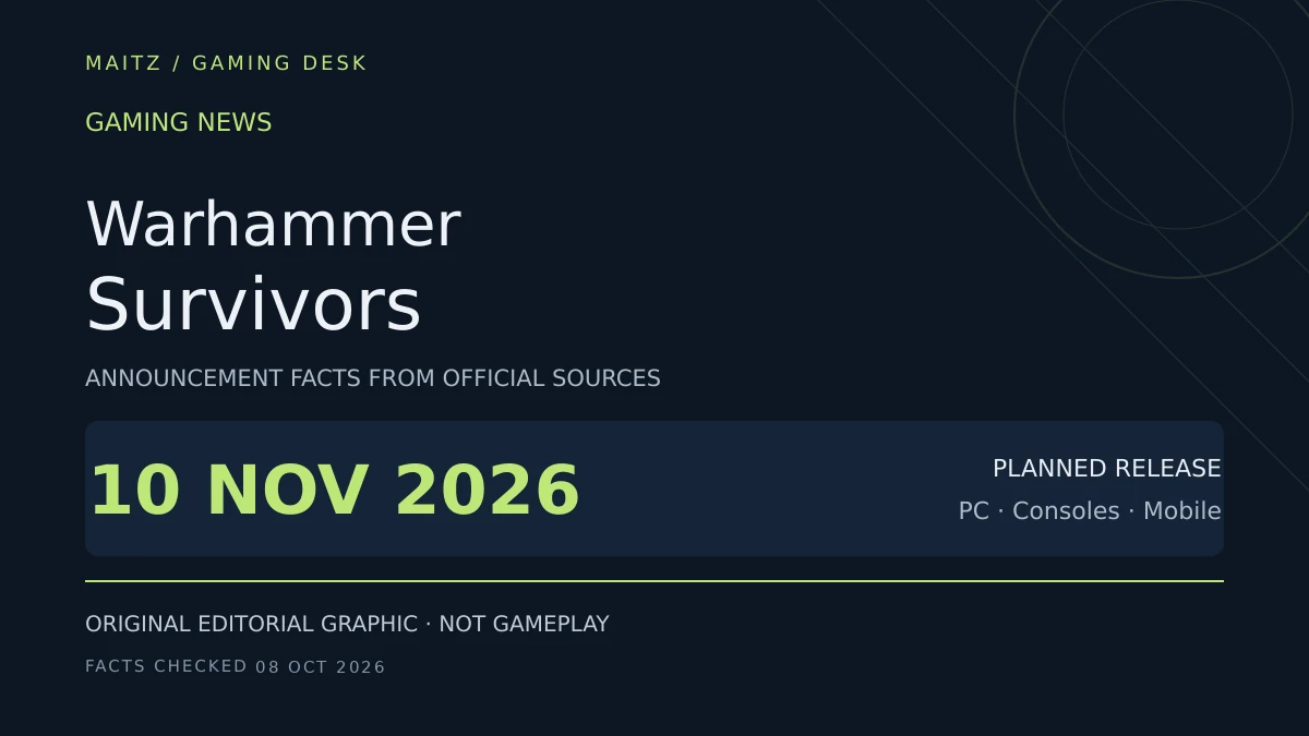 Editorial news brief for Warhammer Survivors: November 10, 2026; PC · Consoles · Mobile