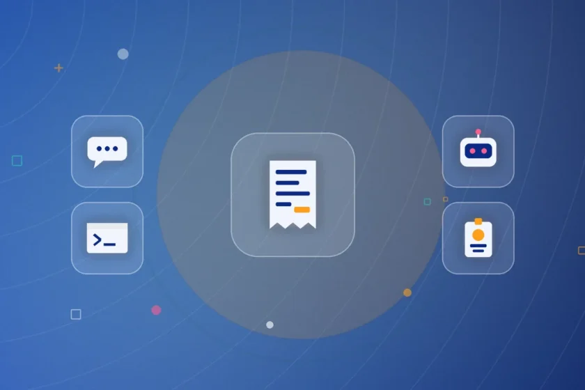 Illustration: a receipt in the center surrounded by chat, terminal, bot and member badge icons on a blue background