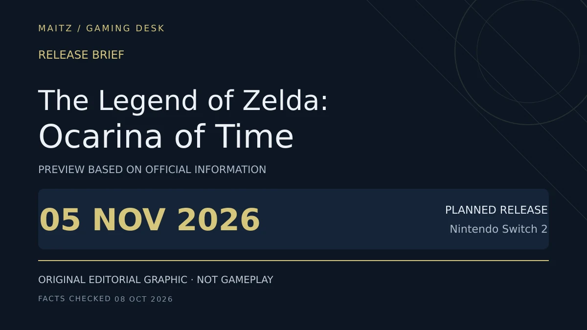 Editorial release brief for The Legend of Zelda: Ocarina of Time: November 5, 2026; Nintendo Switch 2